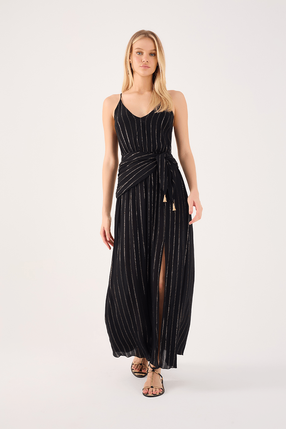 Long Lurex Tie-Bodice Dress