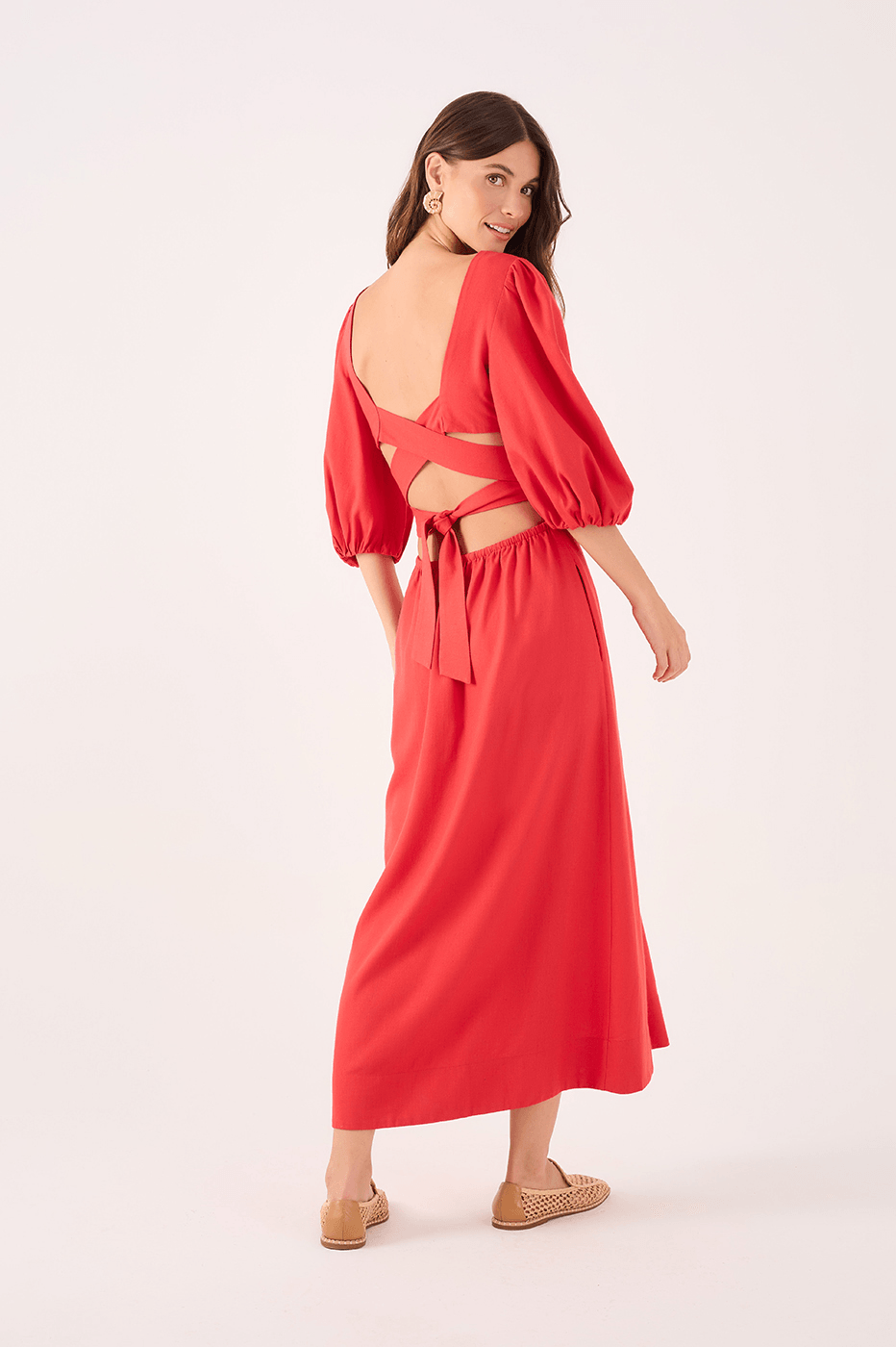 Linen Midi Cutout Tie Dress