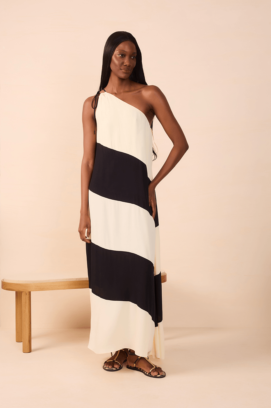 Beige and Black Crepe Maxi Dress with Cutouts_1
