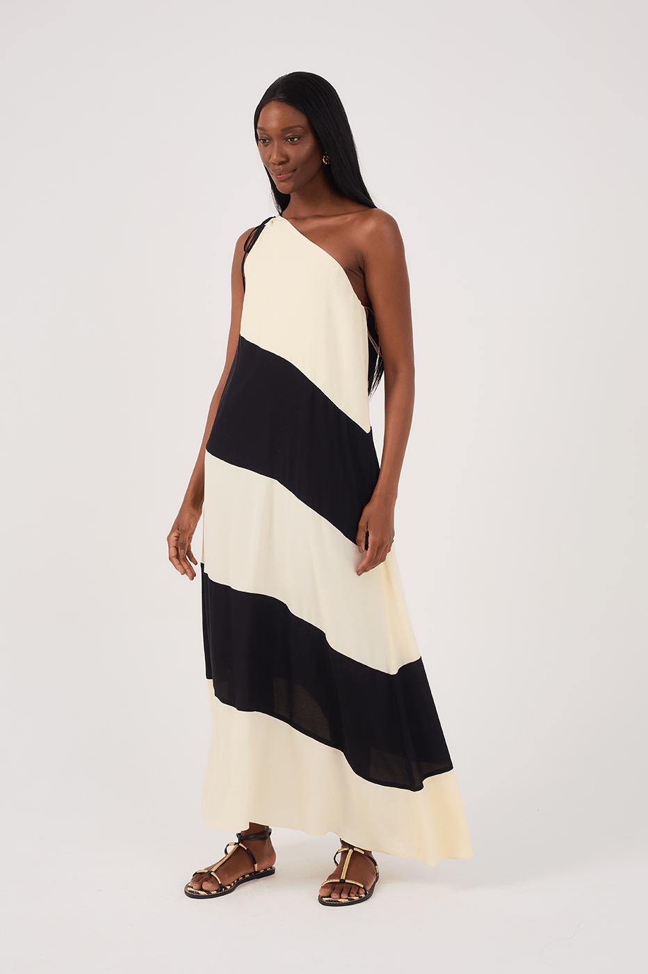 Beige and Black Crepe Maxi Dress with Cutouts_2