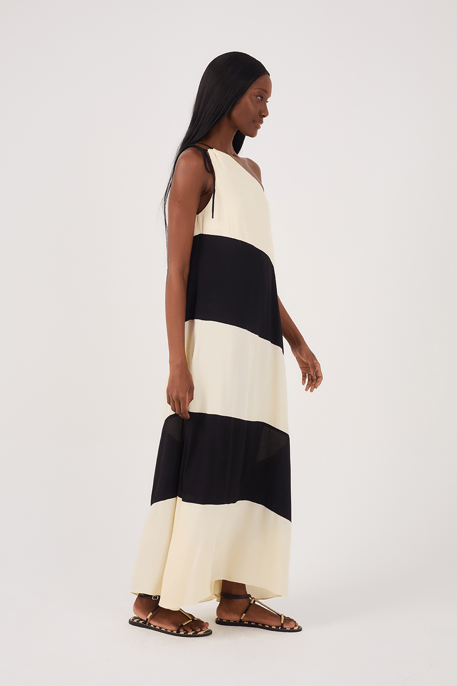 Beige and Black Crepe Maxi Dress with Cutouts_3