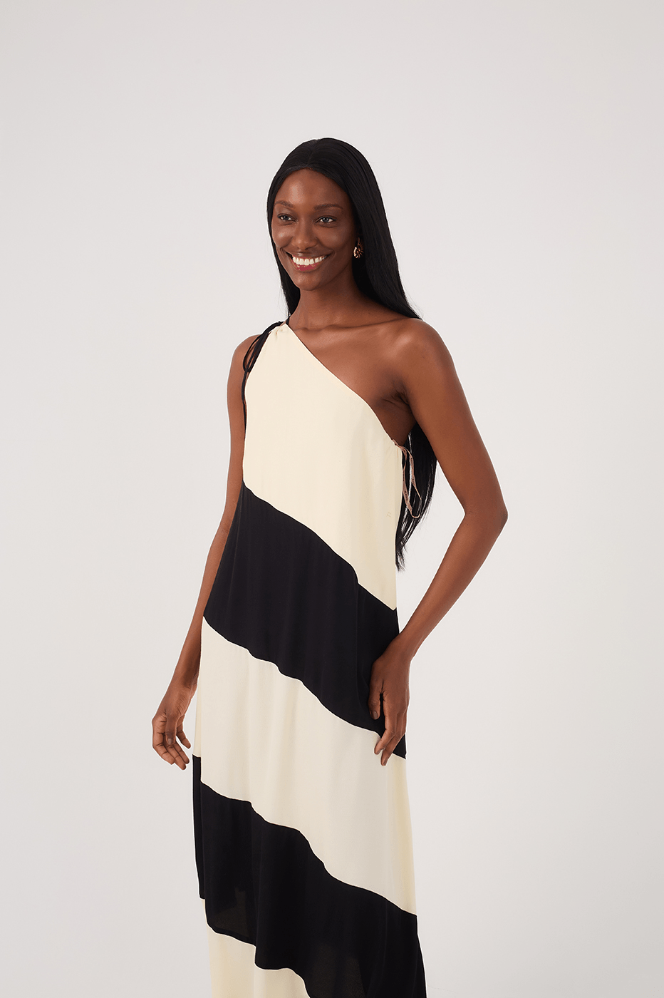 Beige and Black Crepe Maxi Dress with Cutouts_4