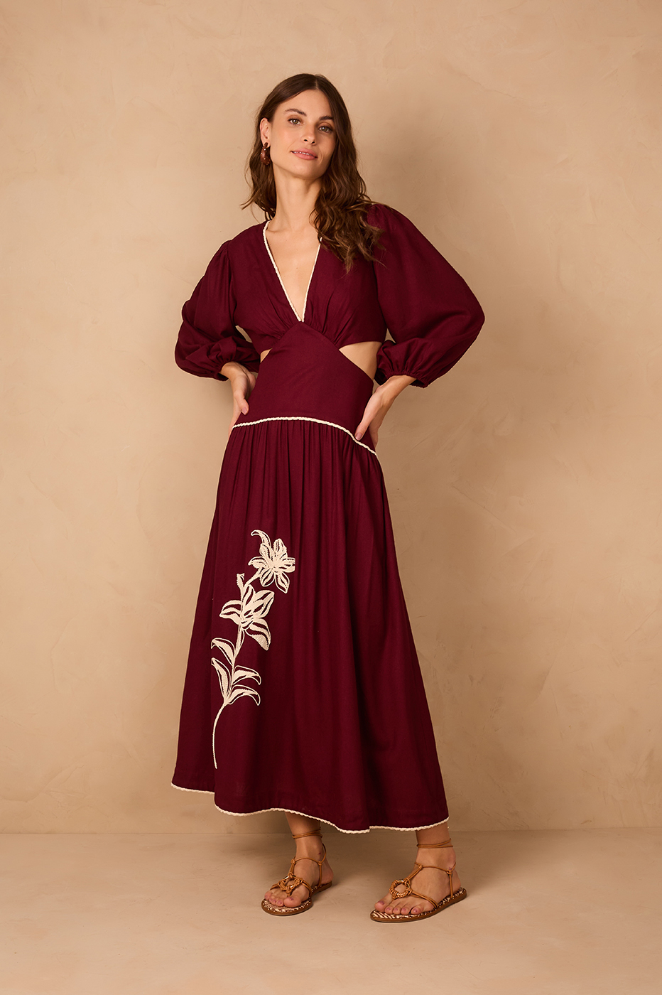 Wine Bossa Embroidered Flowers Puff Sleeve Linen Maxi Dress_1