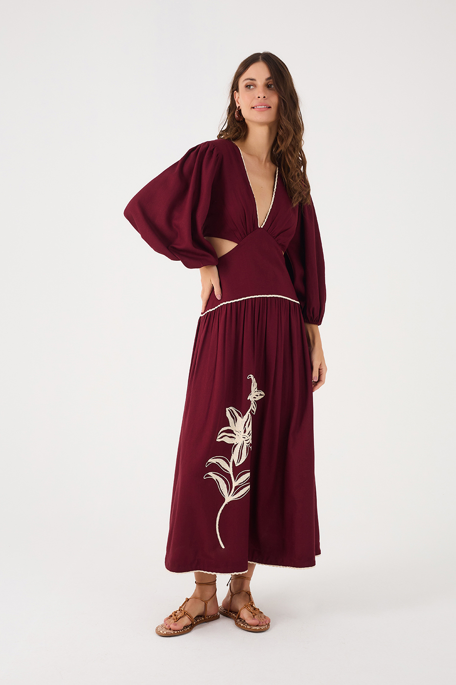 Wine Bossa Embroidered Flowers Puff Sleeve Linen Maxi Dress_2