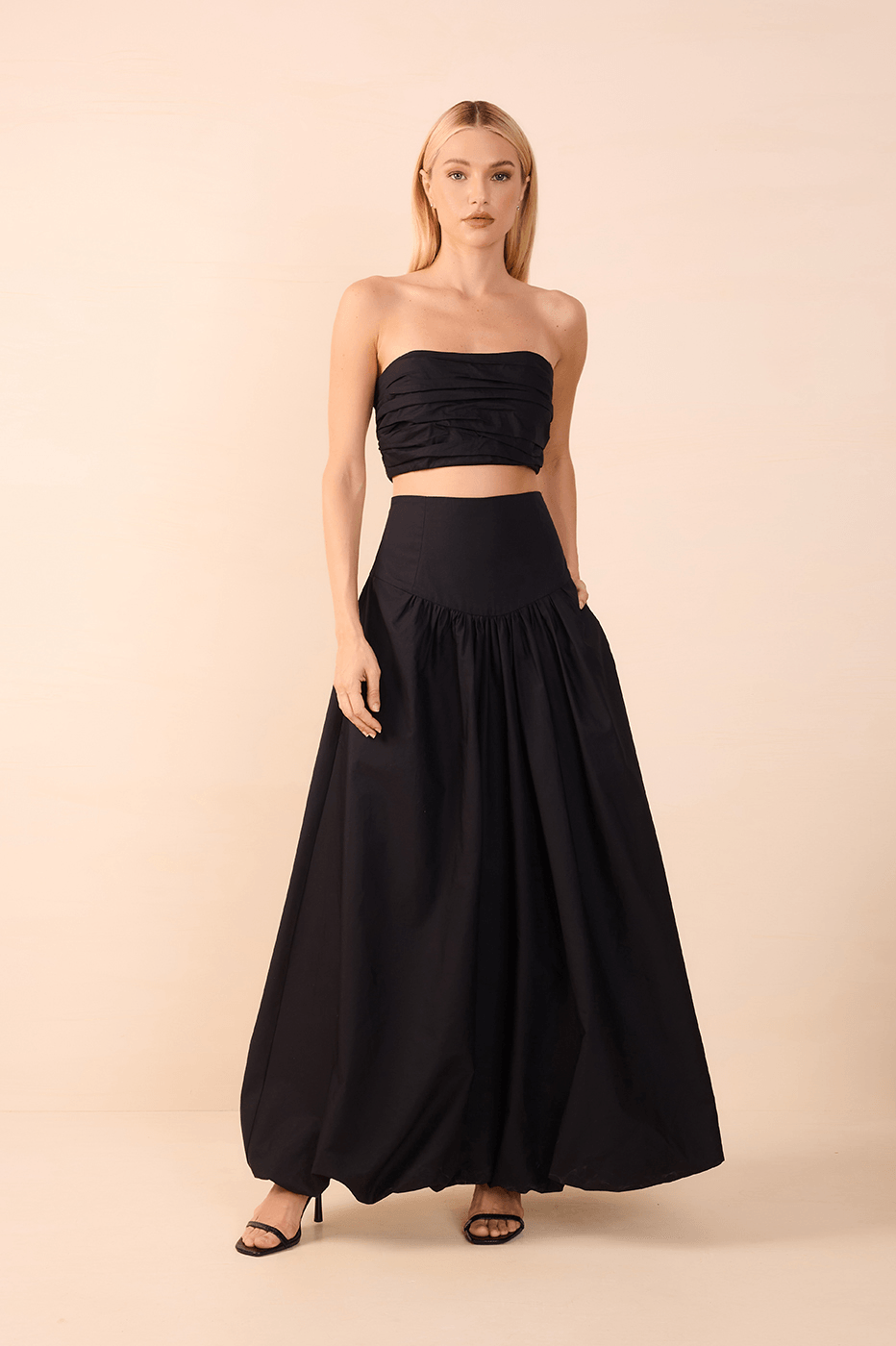 Black Draped Top and Balloon Skirt Set_1