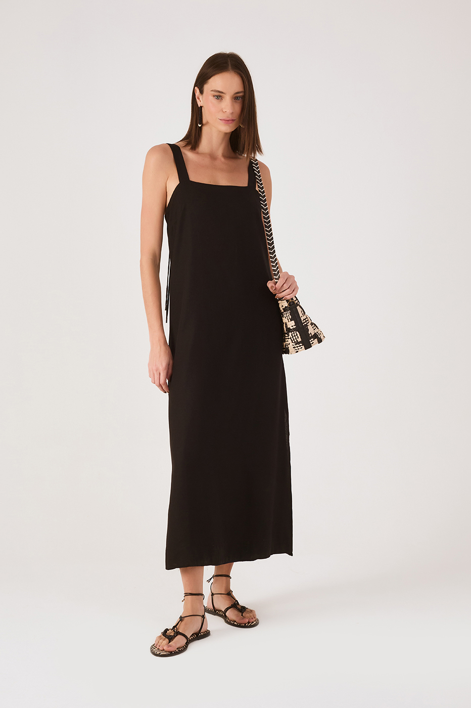 Black Square Neck Back Ties Slits Maxi Dress_2