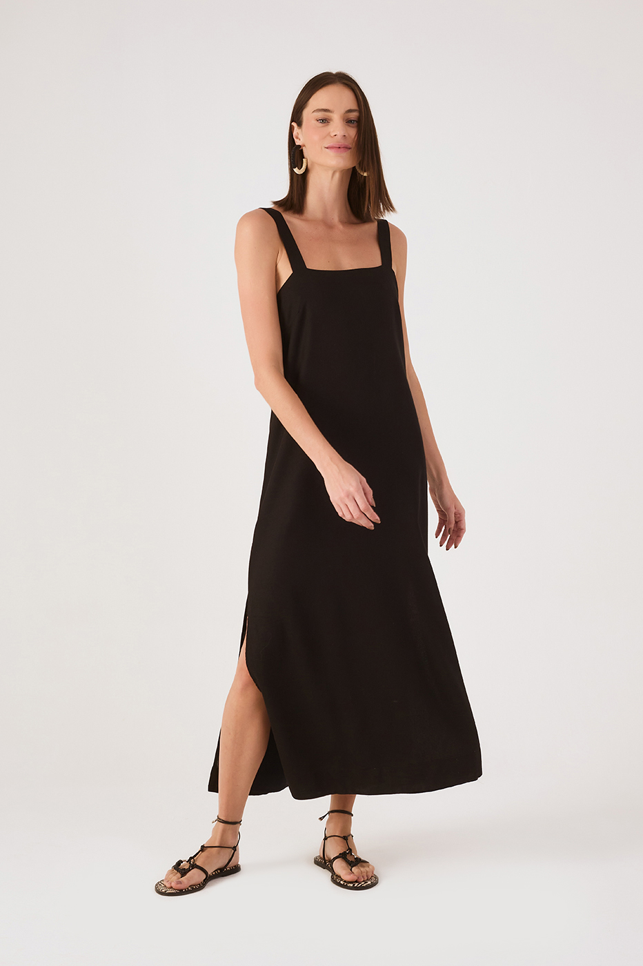 Black Square Neck Back Ties Slits Maxi Dress_3