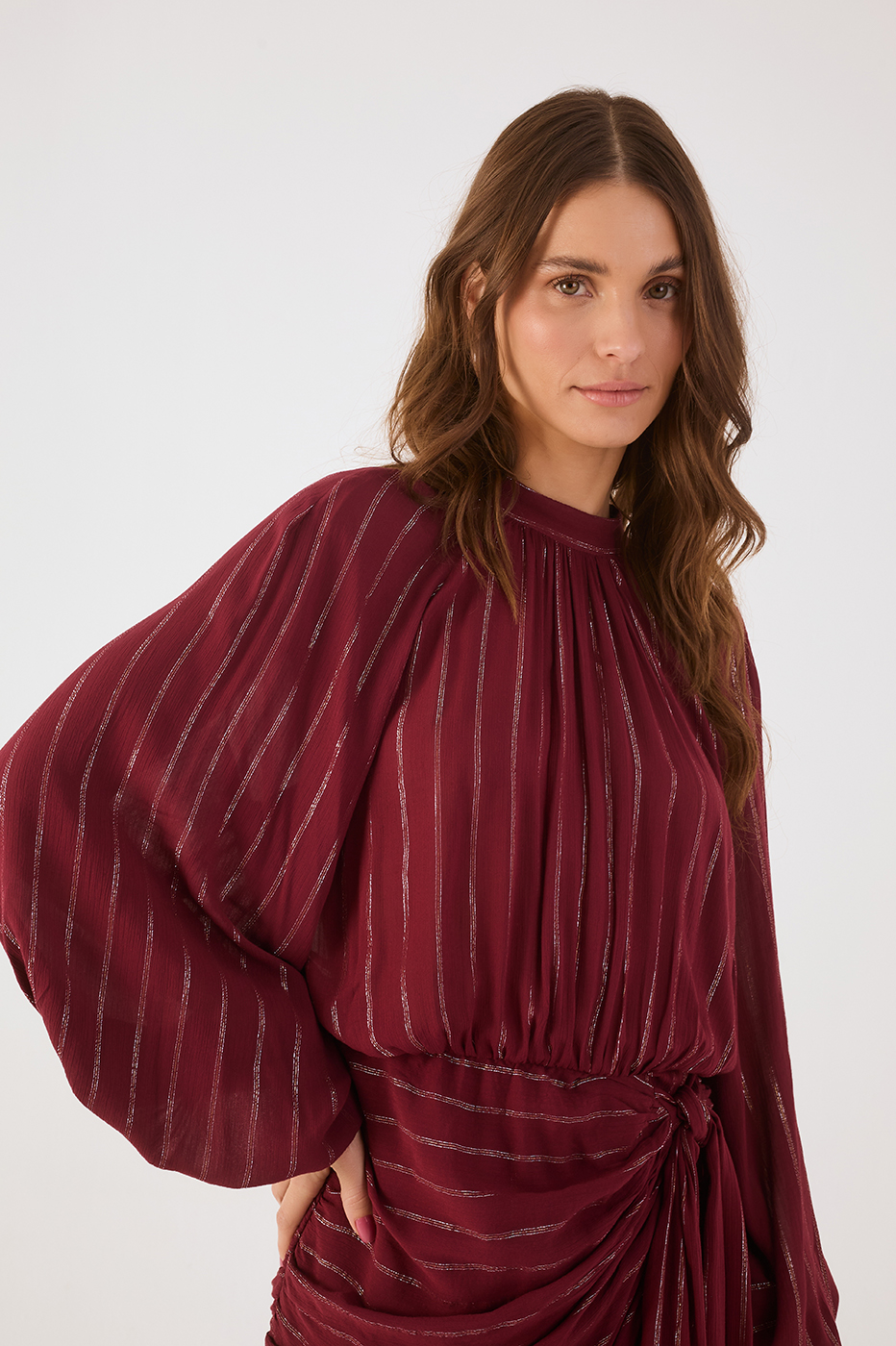 Wine Bossa High Neck Puff Sleeve Front Ties Mini Dress_5