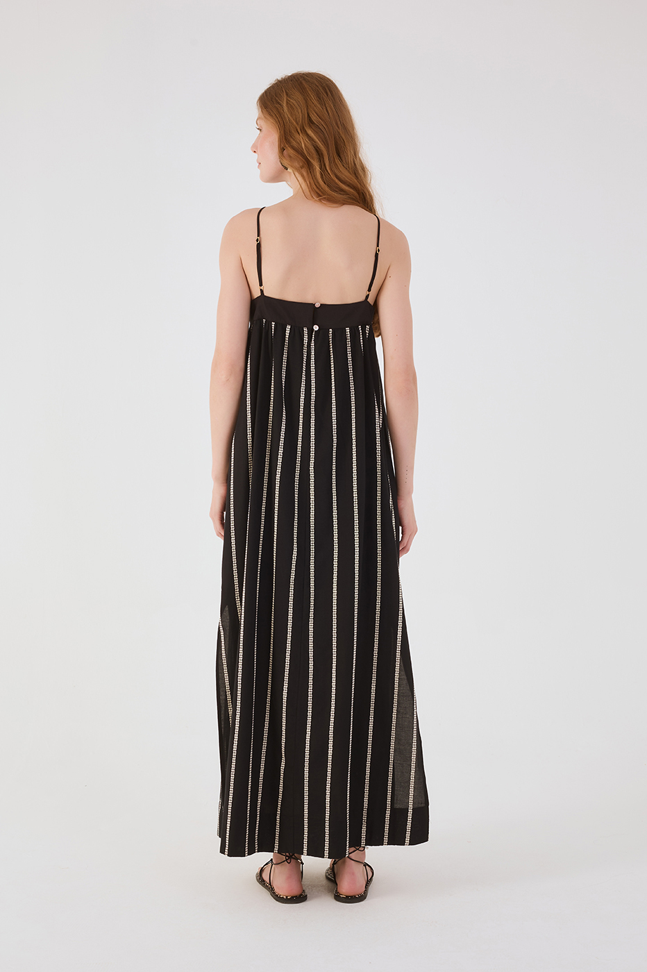 Black Embroidered Flower Adjustable Straps Cotton Maxi Dress_5