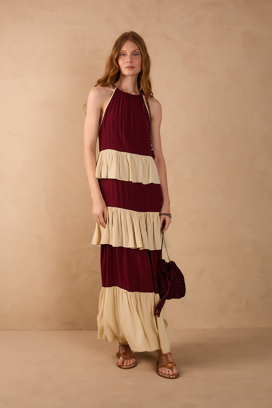 Wine Bossa And Off-White Rope Ties Layered Maxi Dress