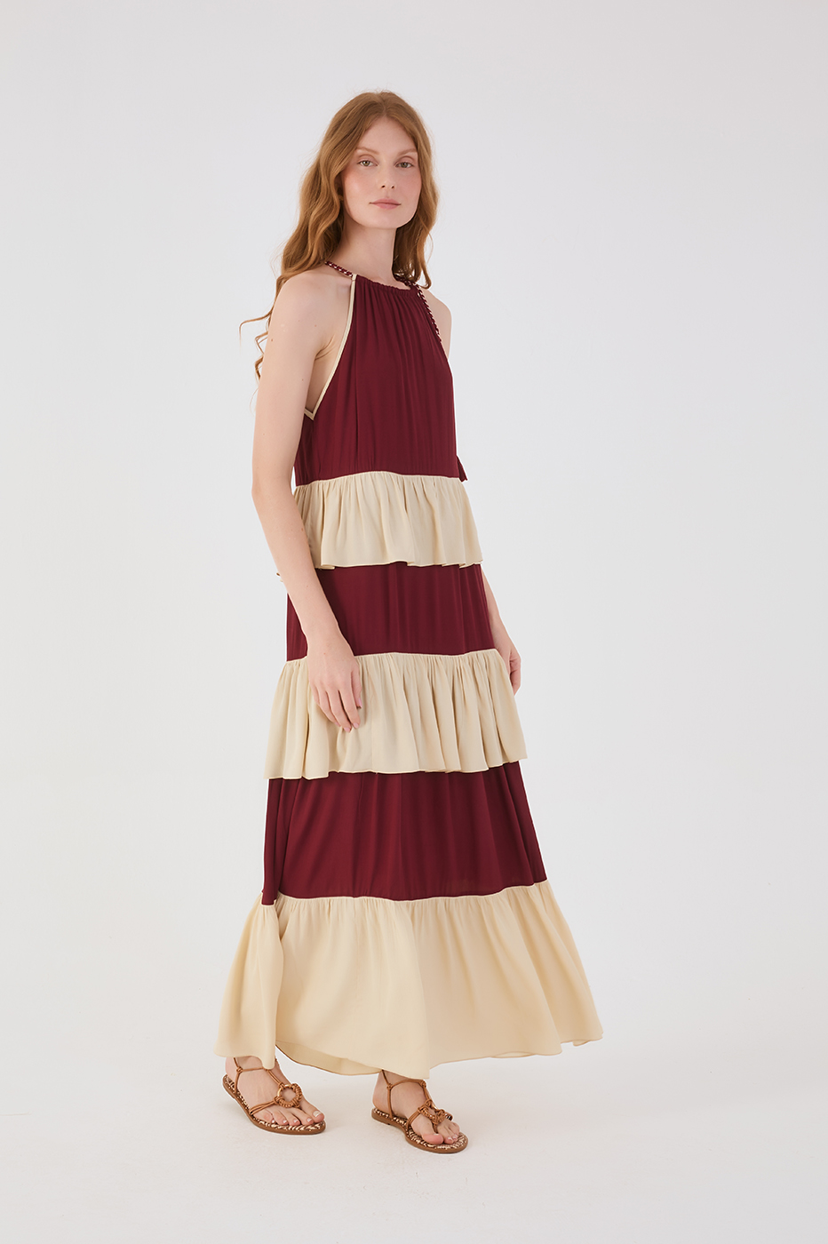 Wine Bossa And Off-White Rope Ties Layered Maxi Dress_3