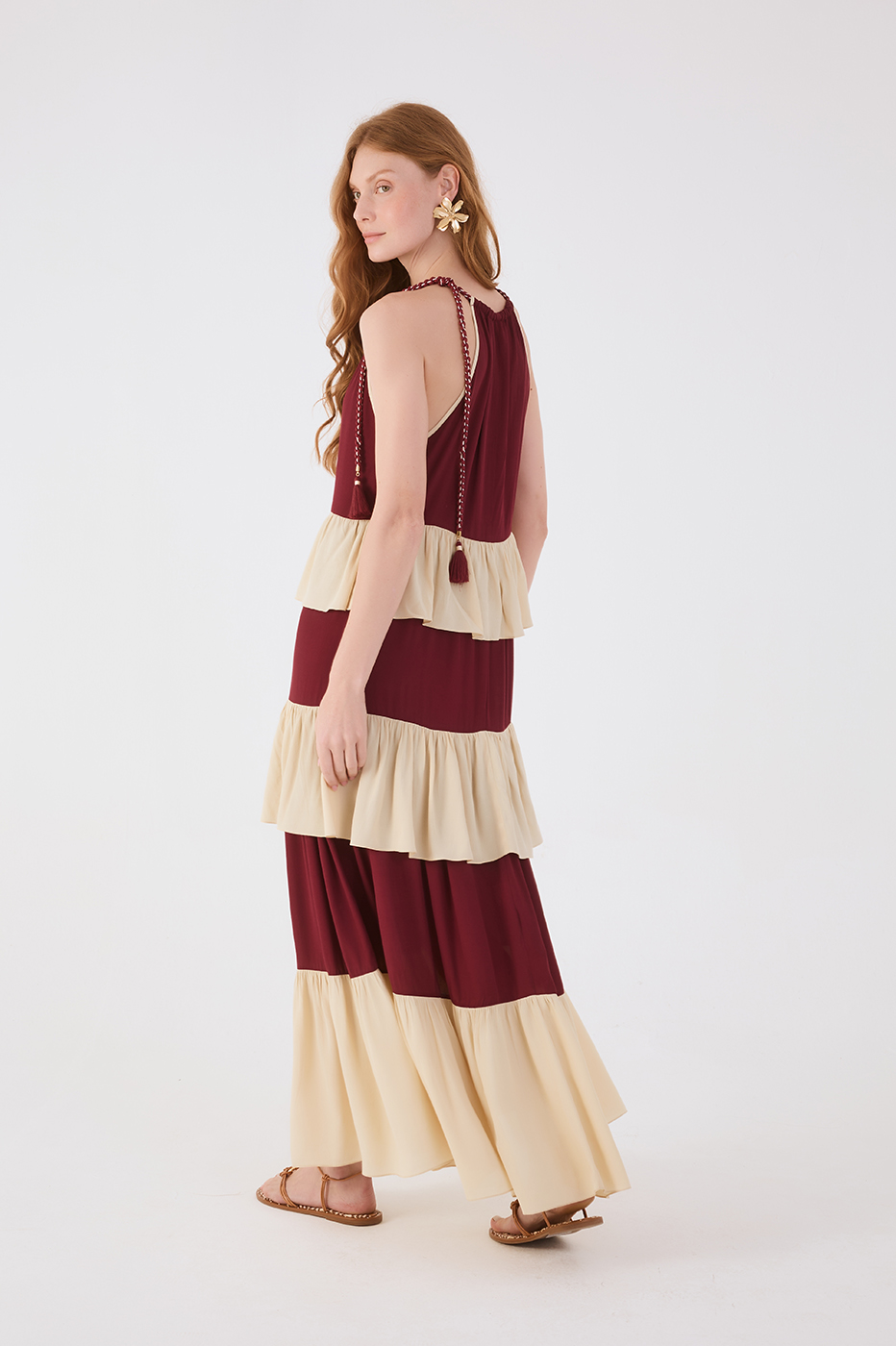 Wine Bossa And Off-White Rope Ties Layered Maxi Dress