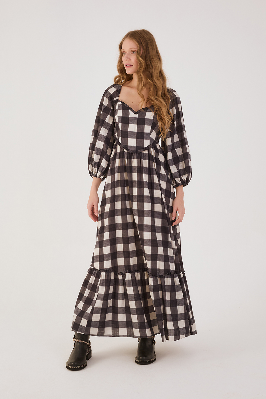 Black Plaid Sweetheart Neckline Ruffle Cotton Maxi Dress_2