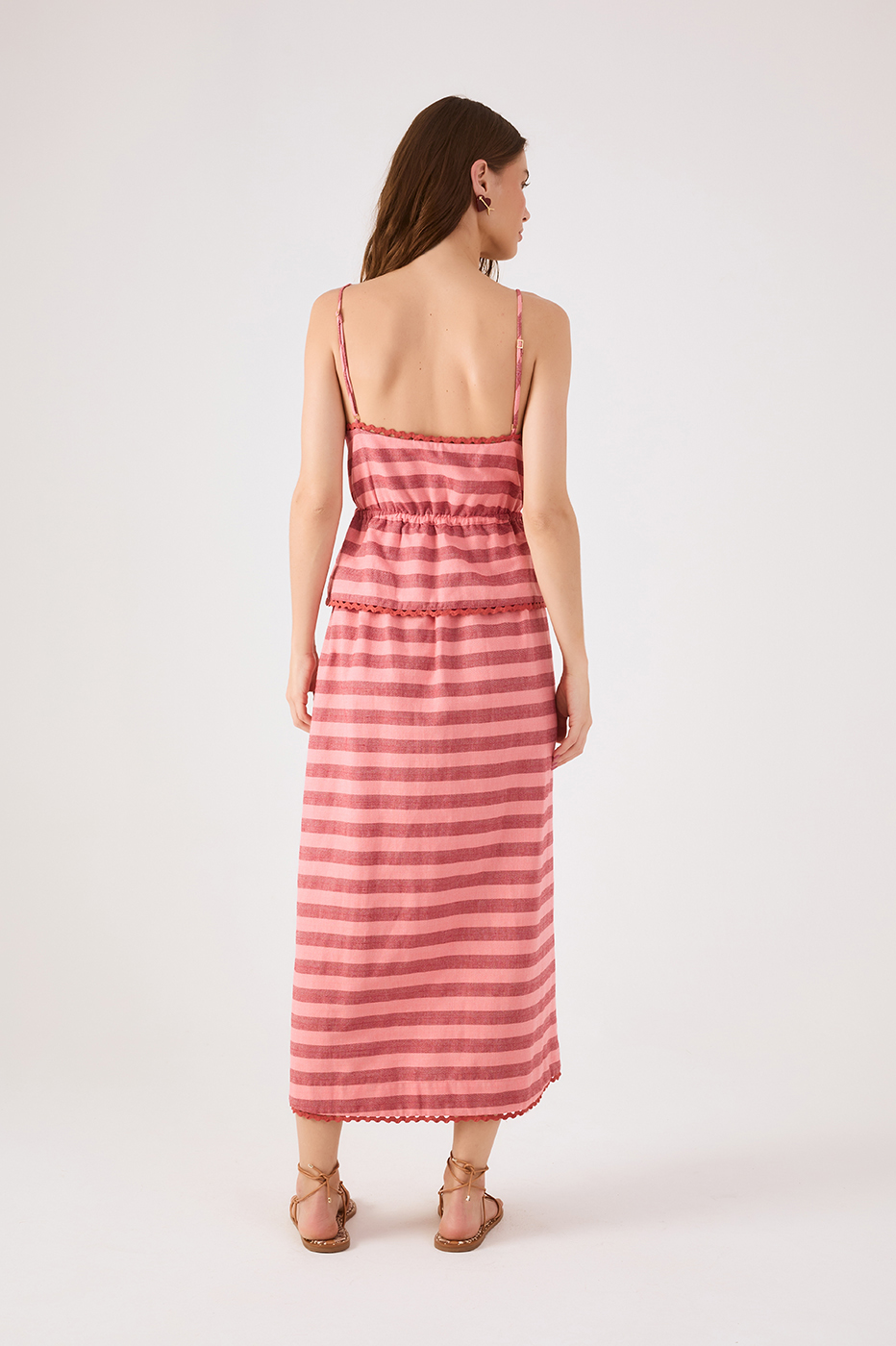 Pink Bromelia Rickrack Trim Front Ties Maxi Dress_5