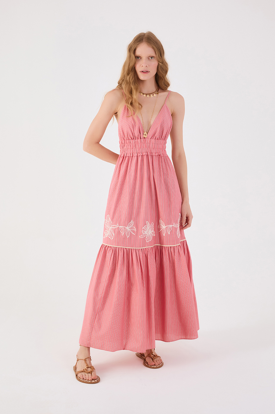 Striped Embroidered Cotton Cropped Dress