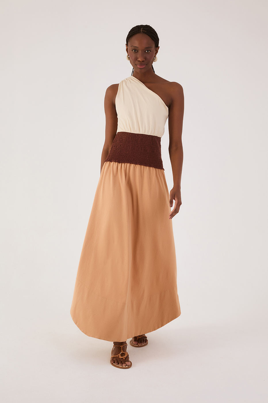 Tricolor One-Shoulder Smocked Waist Maxi Dress_2