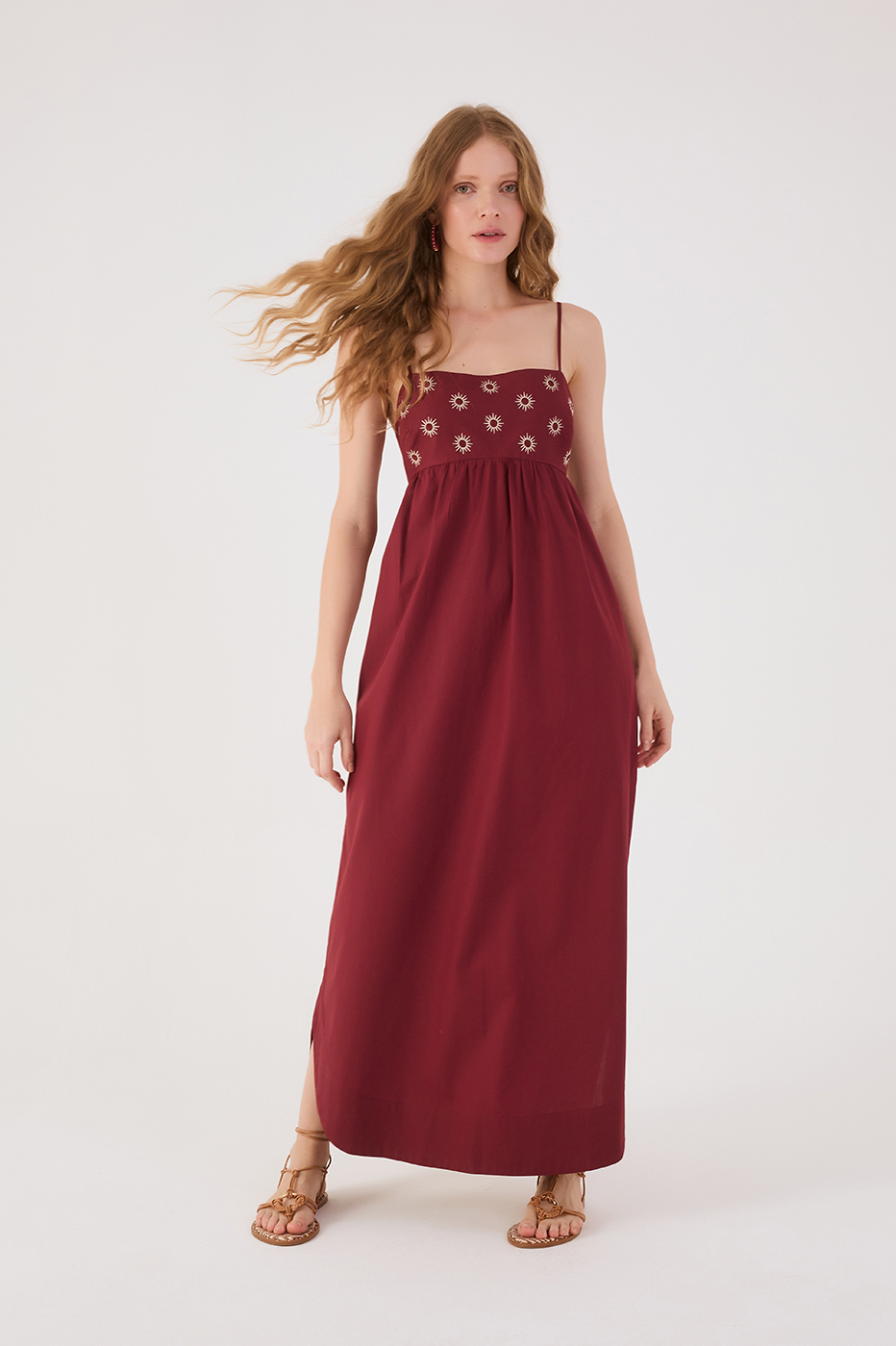Wine Bossa Embroidered Sun Sleeveless Maxi Dress_2