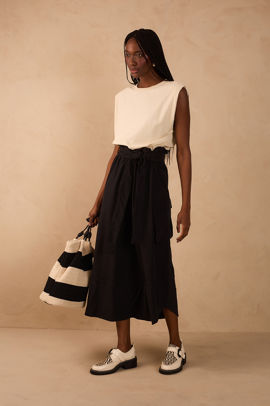 Black And White Front Ties T-Shirt Bodice Nylon Maxi Dress_1