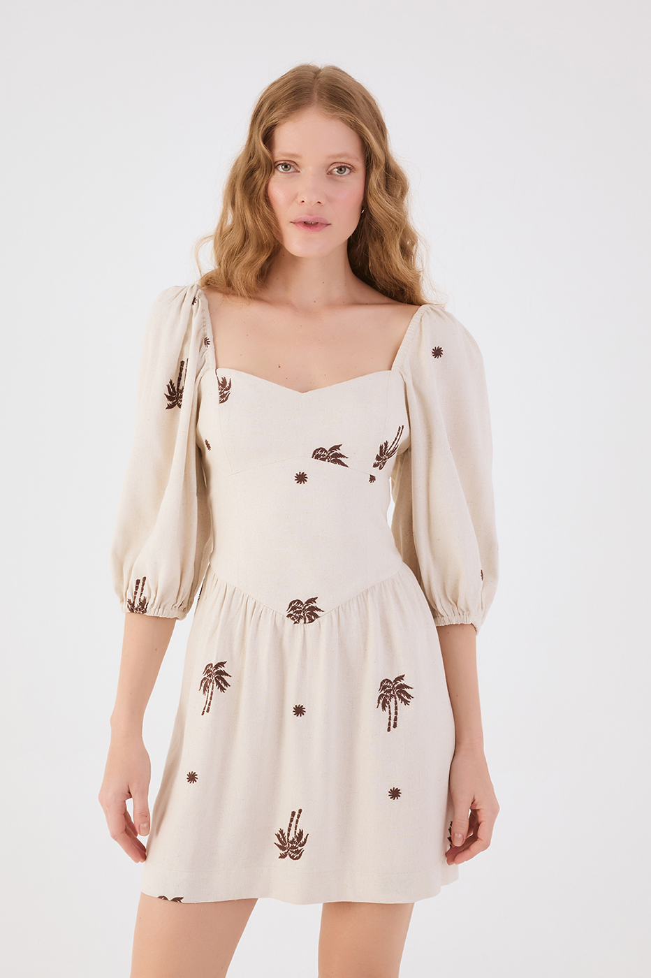 Off-White Sol Rio Embroidered Sweetheart Neck Puff Sleeve Mini Dress_3