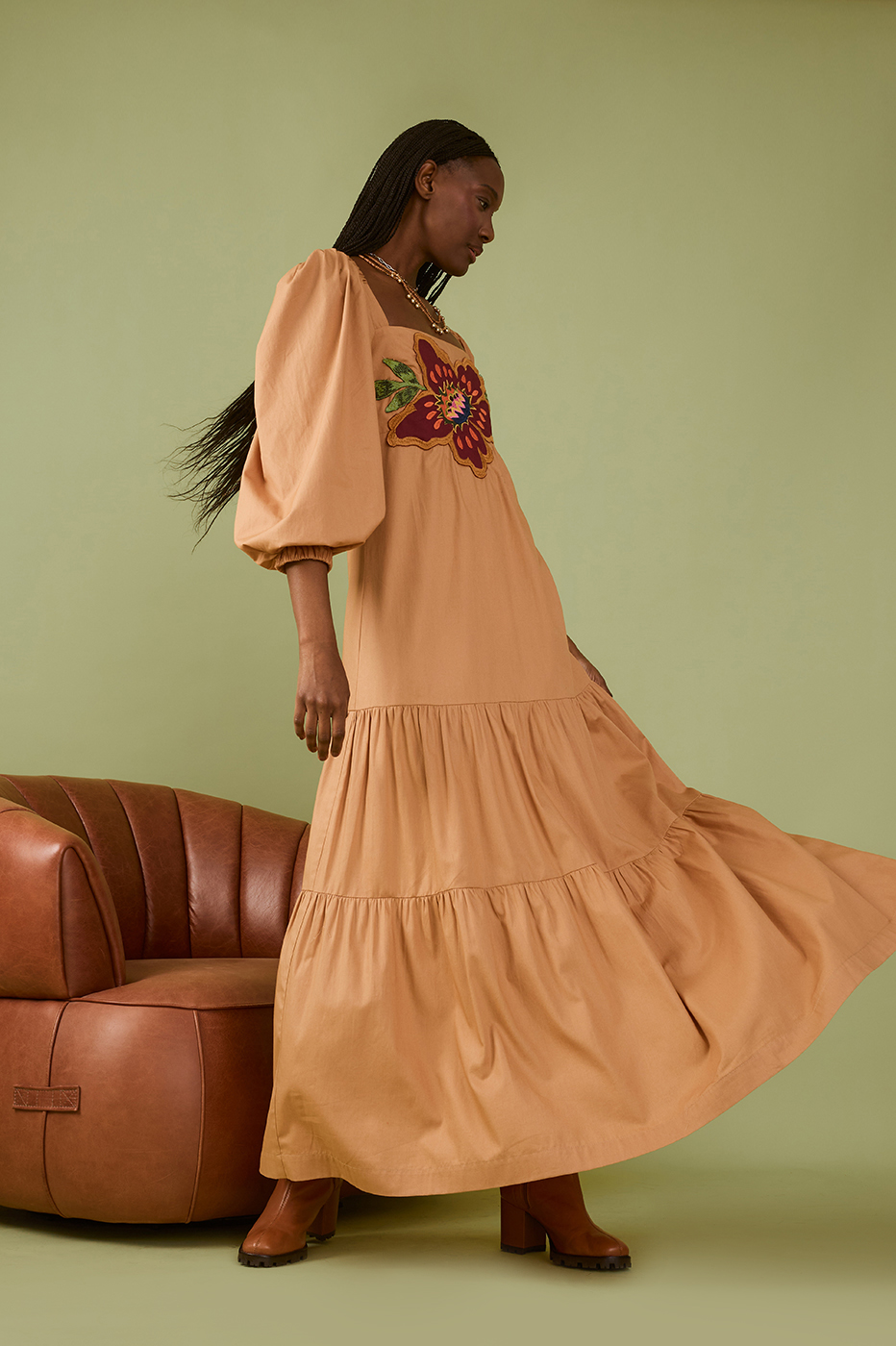 Beige Garden Embroidered Cotton Dress_0