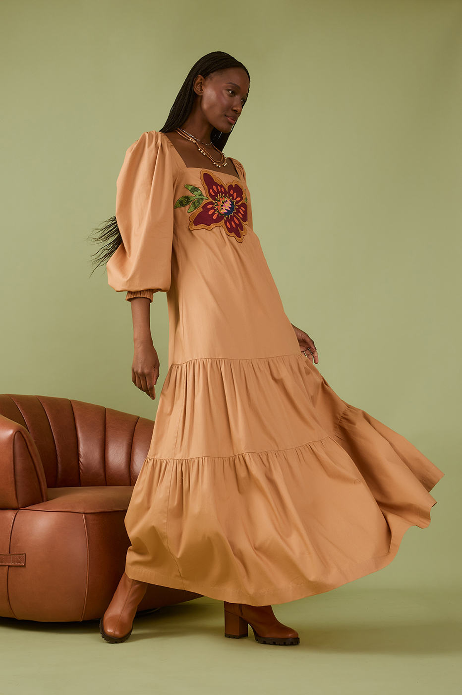 Beige Garden Embroidered Cotton Dress