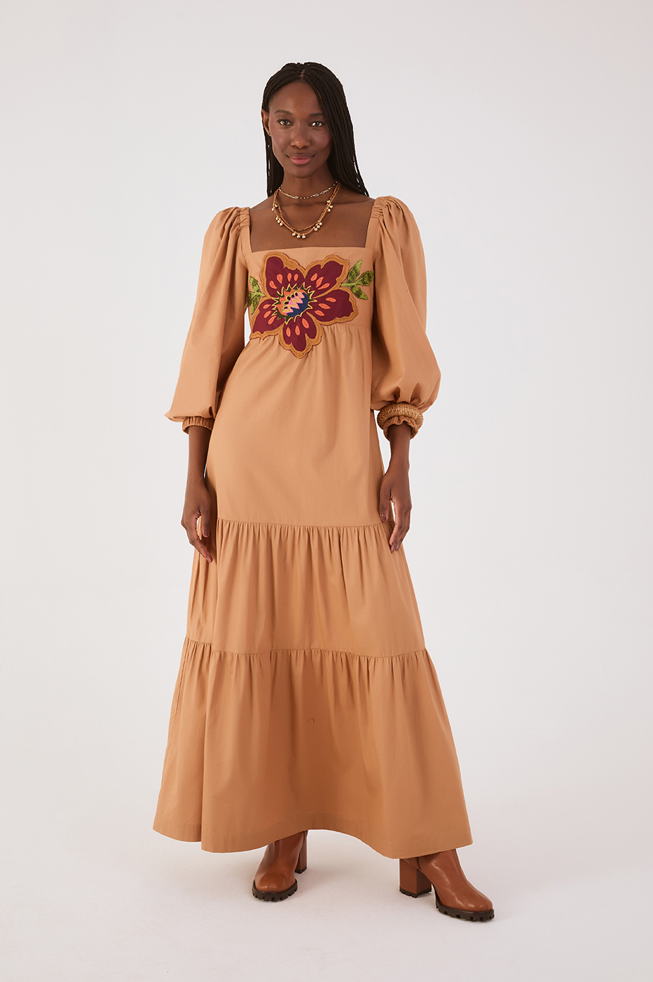 Beige Garden Embroidered Cotton Dress