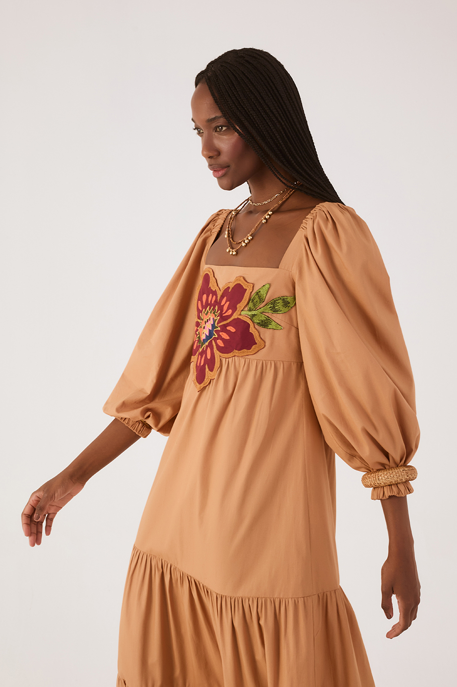 Beige Garden Embroidered Cotton Dress_3