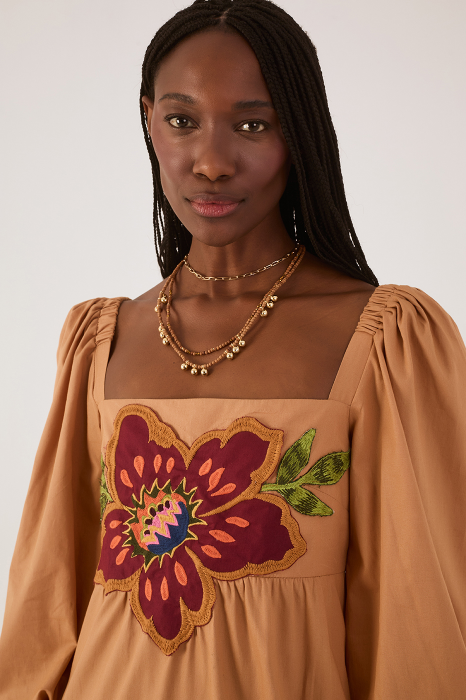 Beige Garden Embroidered Cotton Dress_4