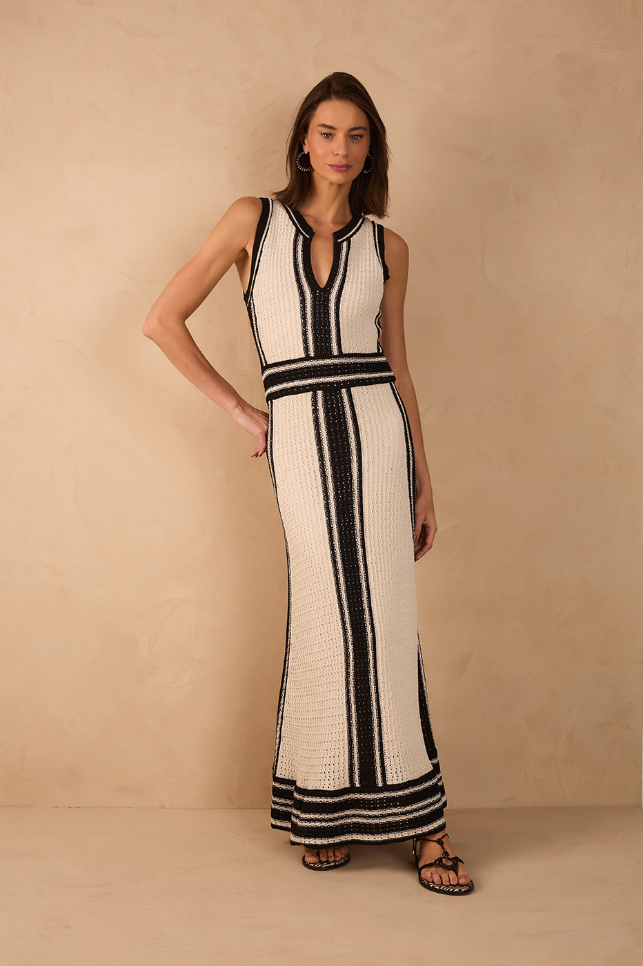 Off-White And Black Stripes V Neck Slim Tricot Maxi Dress_1