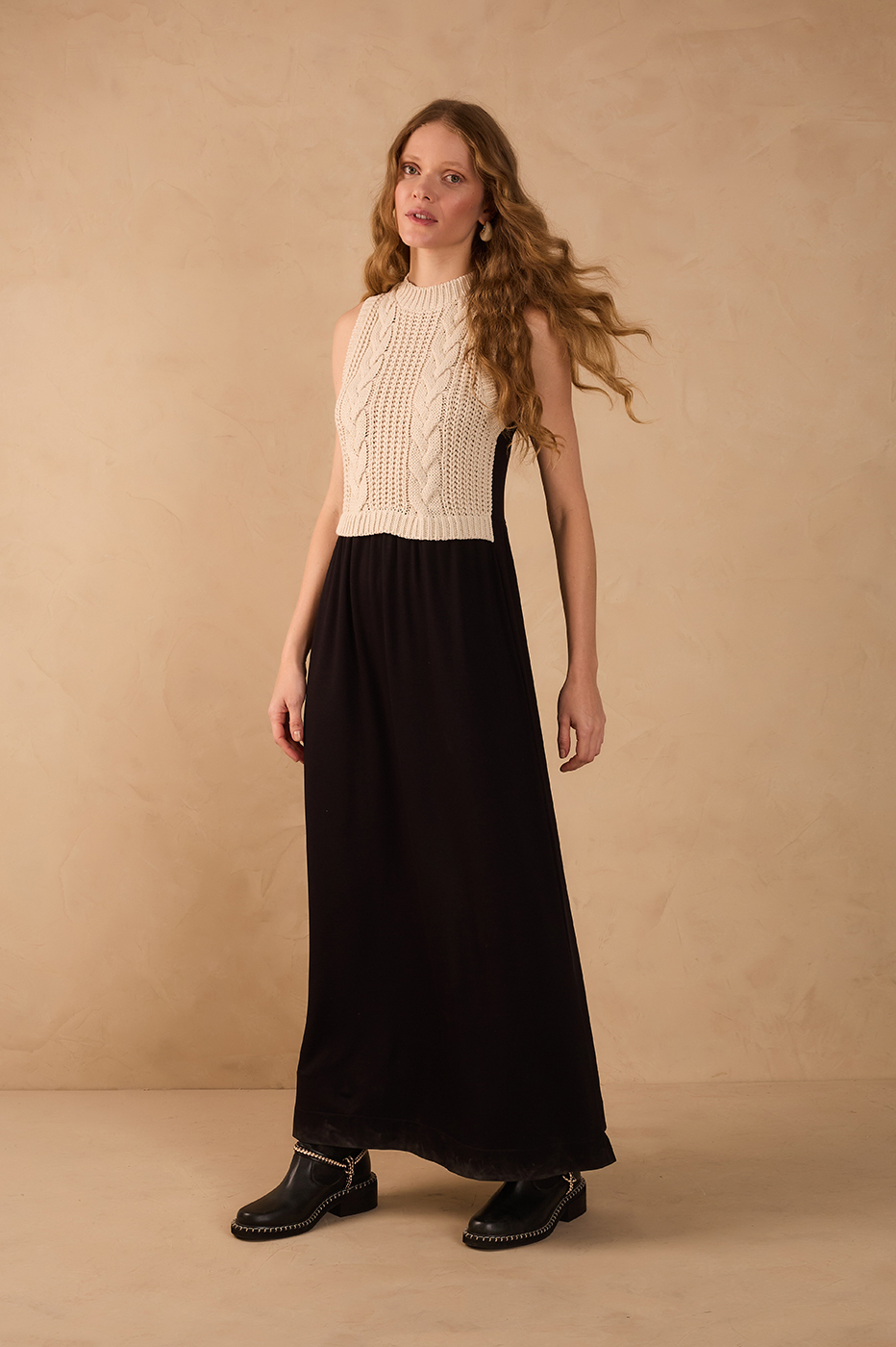 Black And Beige Tricot Bodice Sleeveless Jersey Maxi Dress_1