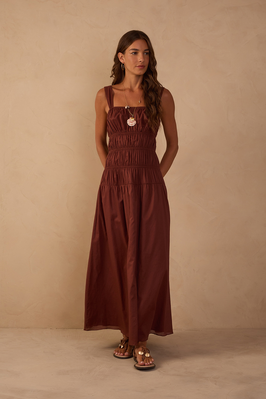 Brown Smocked Square Neck Maxi Dress_1