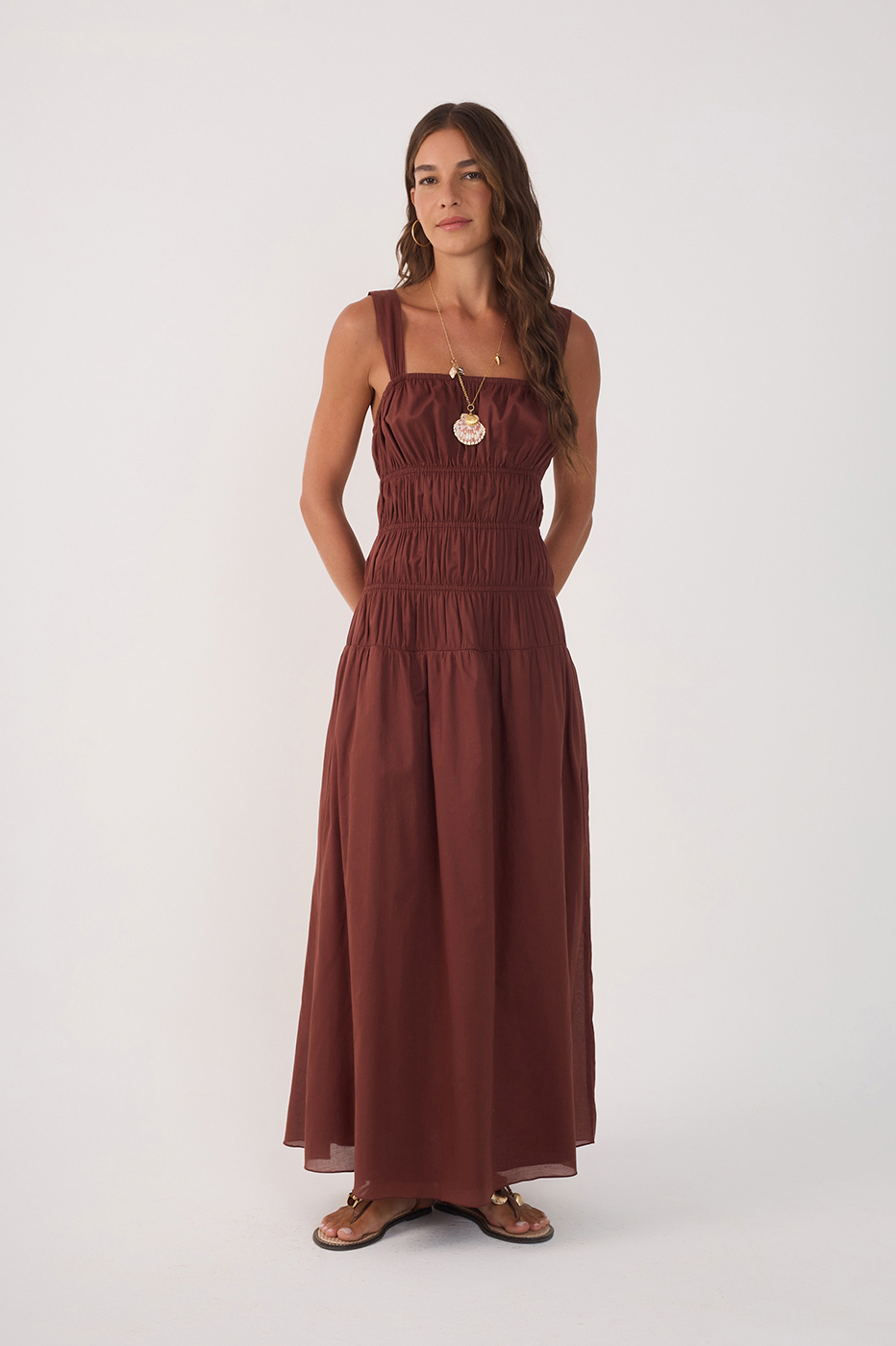 Brown Smocked Square Neck Maxi Dress_2