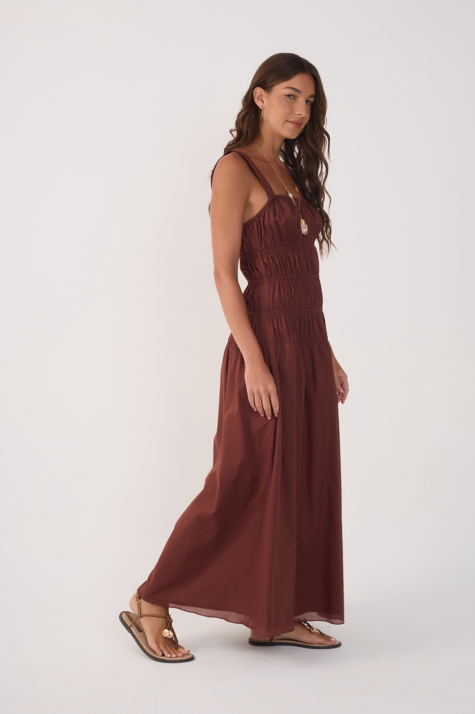 Brown Smocked Square Neck Maxi Dress_3
