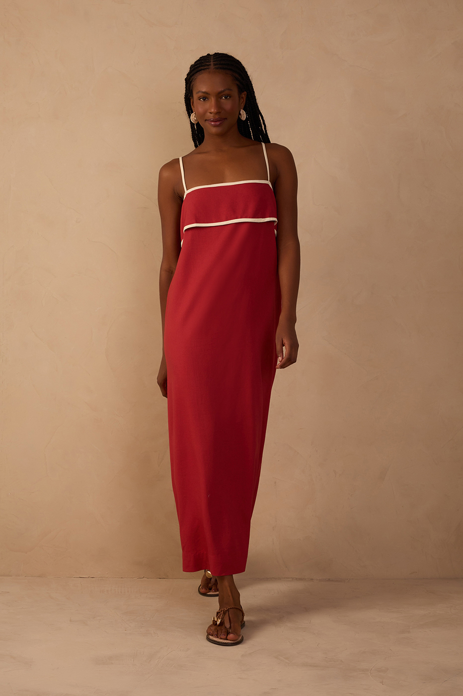 Red Flap Neckline Straps Midi Dress_1