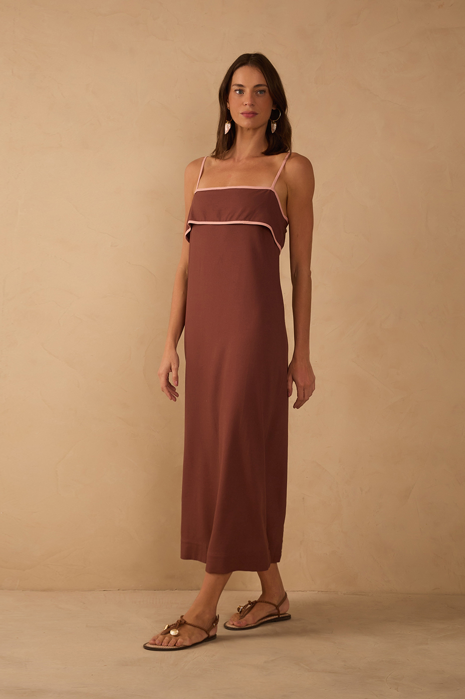 Brown Flap Neckline Straps Midi Dress_1