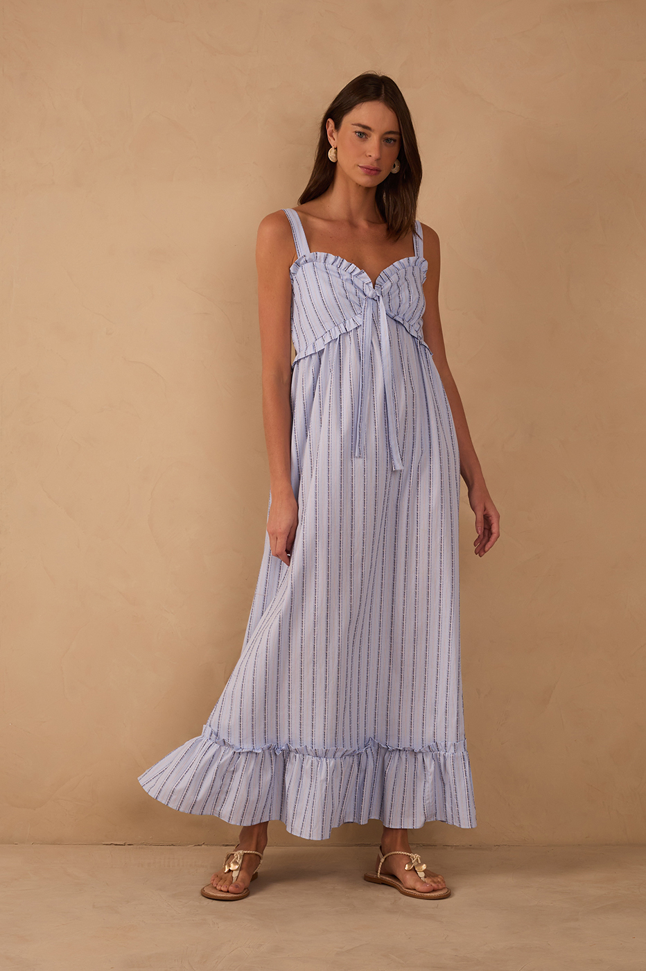 Blue Ruffled Neck Front Ties Maxi Dress_1