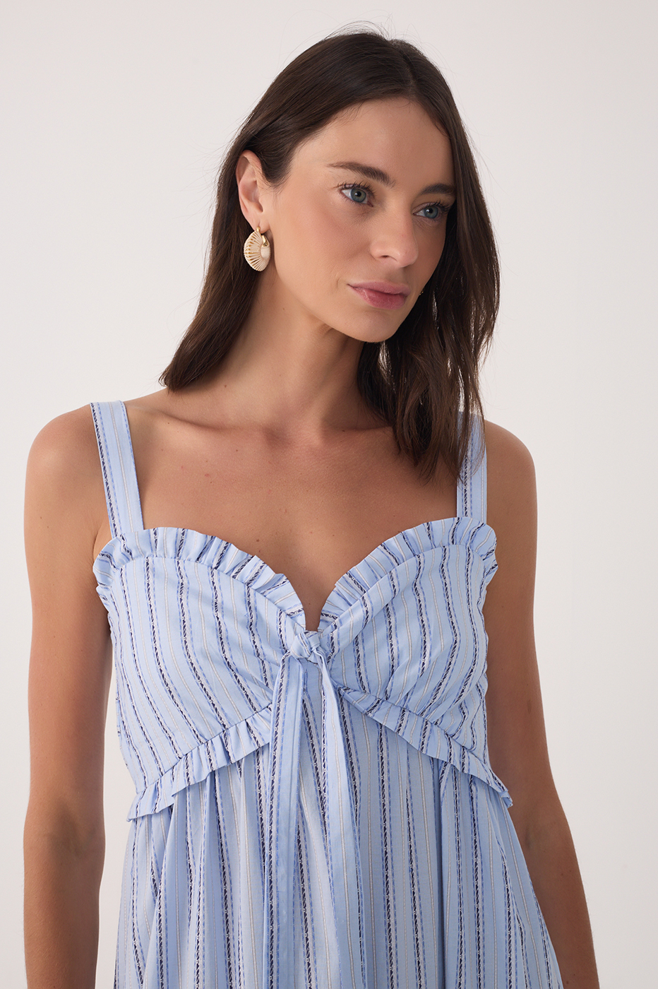Blue Ruffled Neck Front Ties Maxi Dress_4