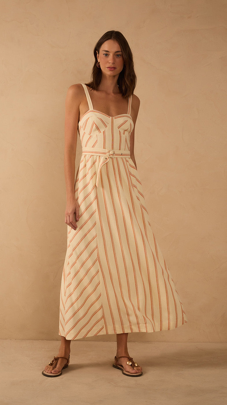 Beige Sweetheart Neck Belted Midi Dress_1