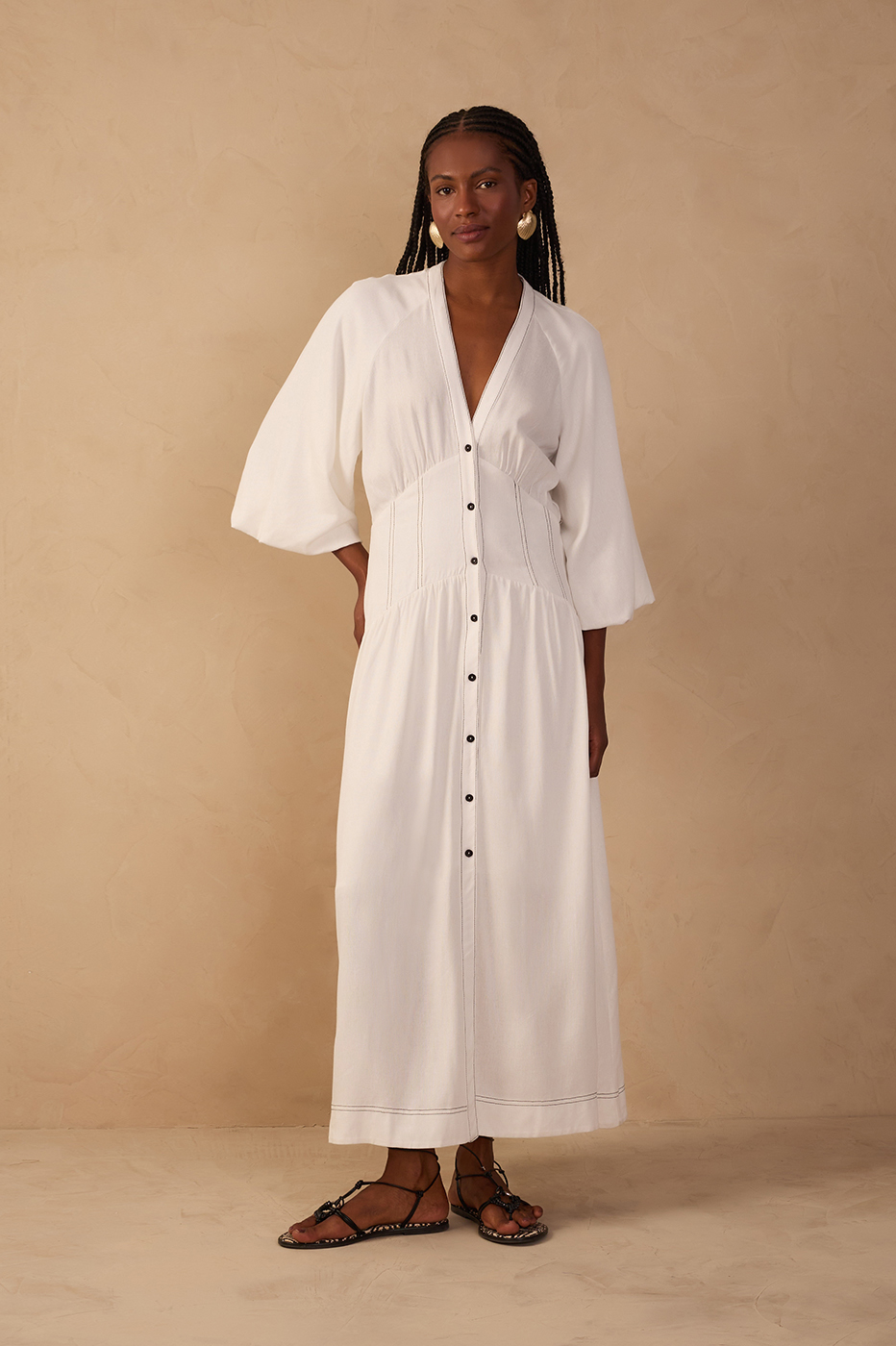 Off-White V Neck Buttoned Maxi Dress_1