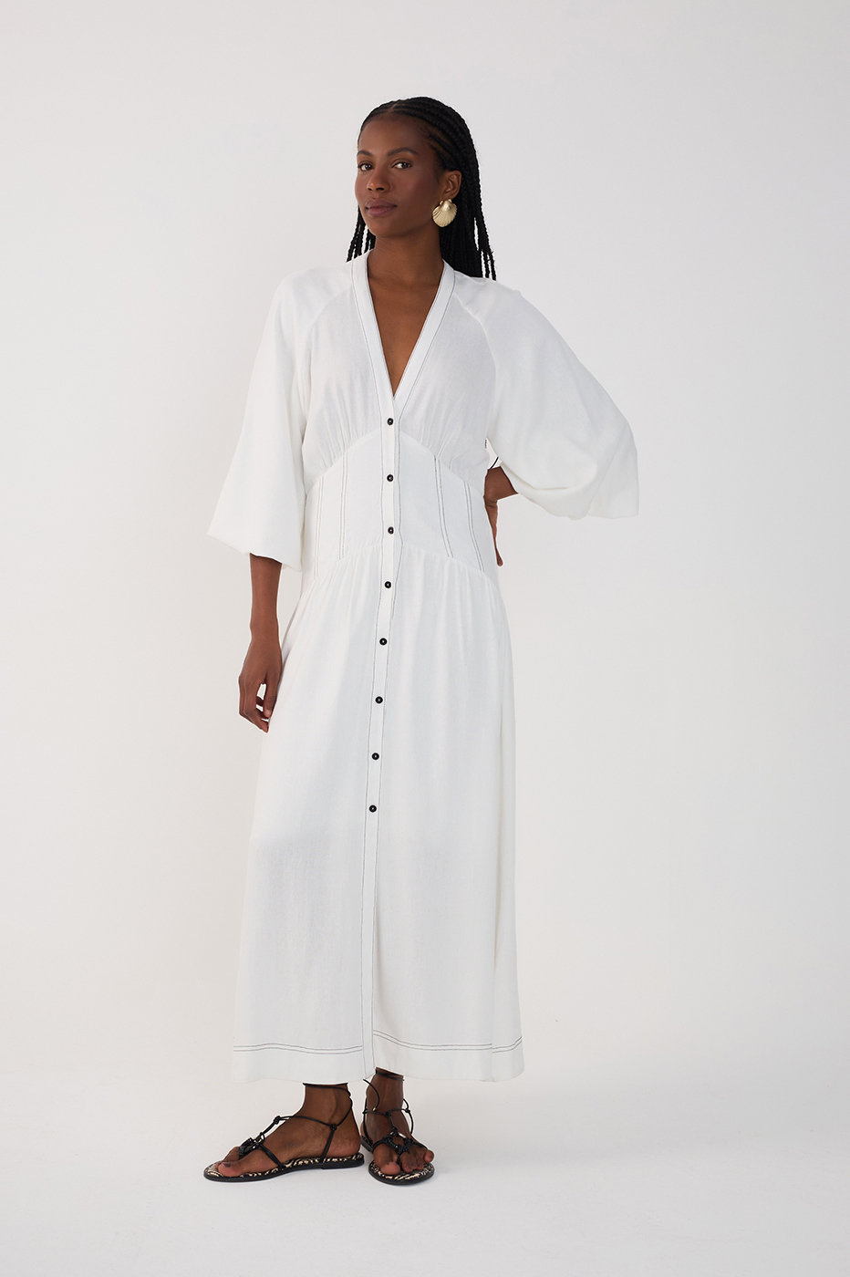 Off-White V Neck Buttoned Maxi Dress_2