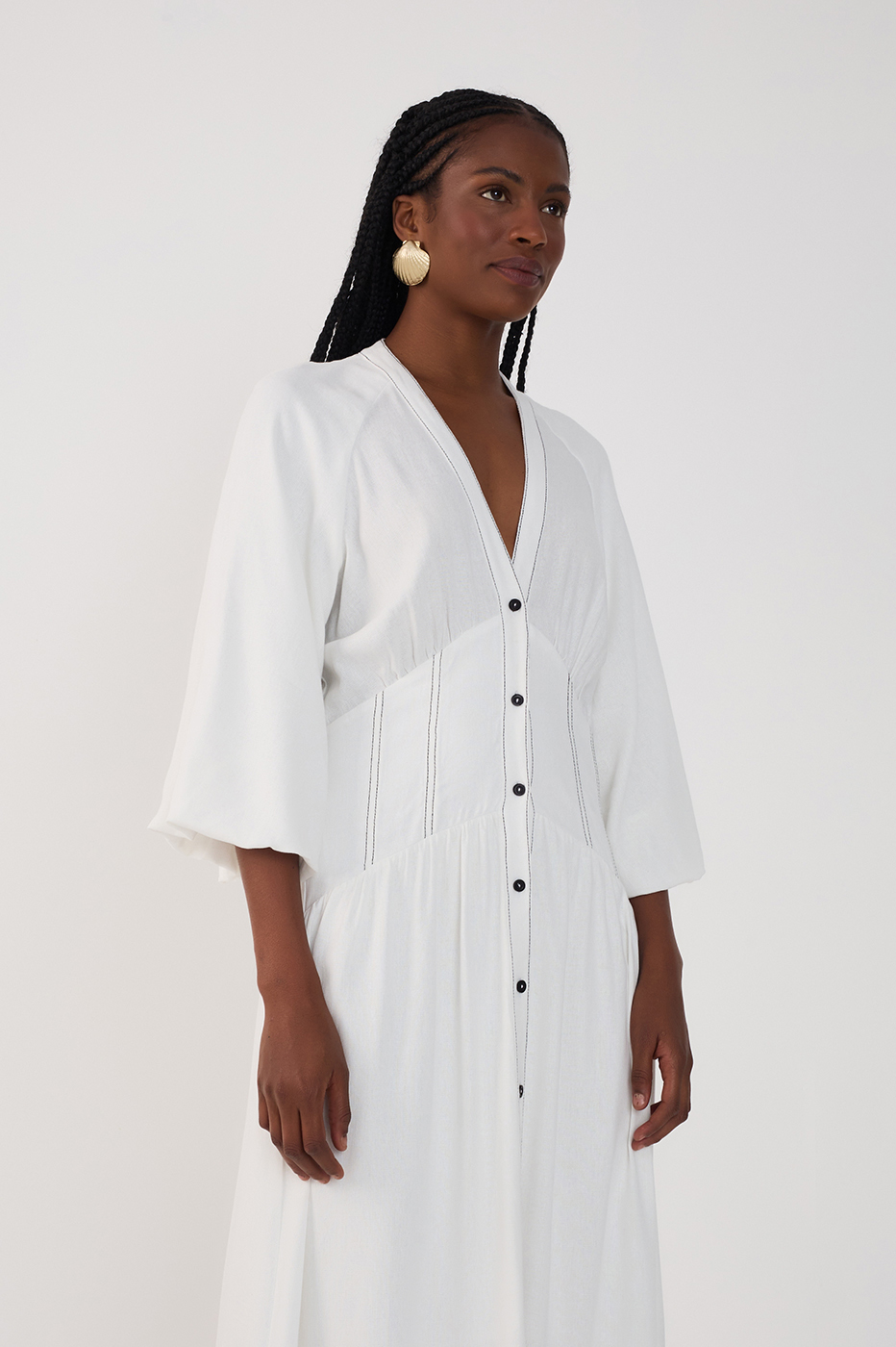 Off-White V Neck Buttoned Maxi Dress_4
