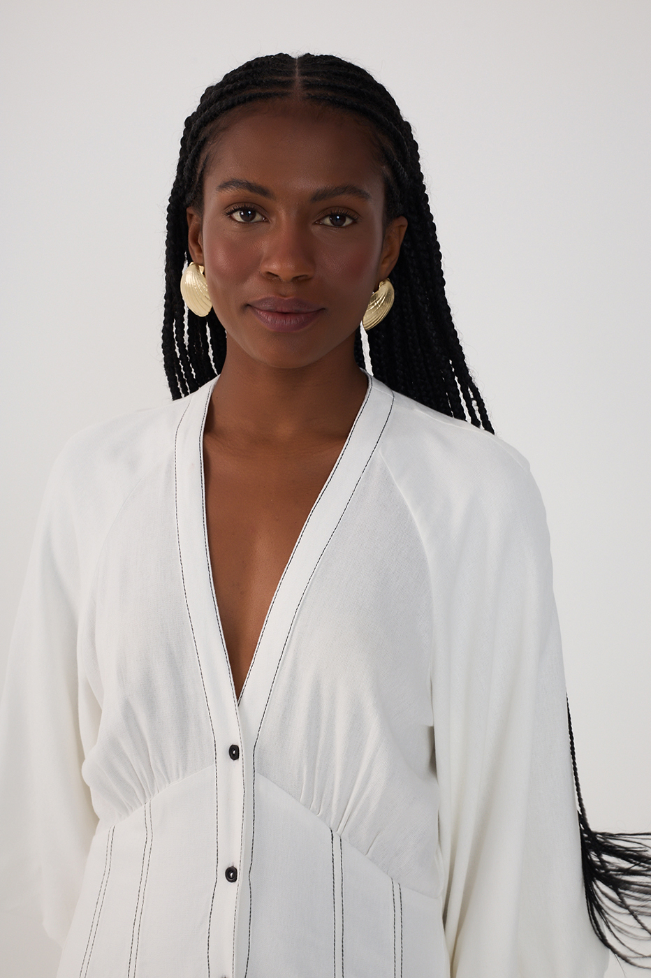 Off-White V Neck Buttoned Maxi Dress_5