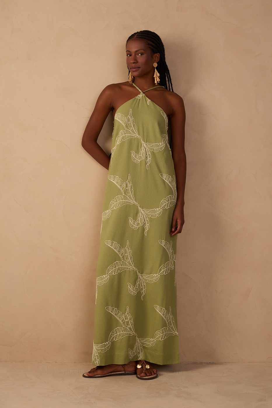 Green Halter Neck Embroidered Maxi Dress_1