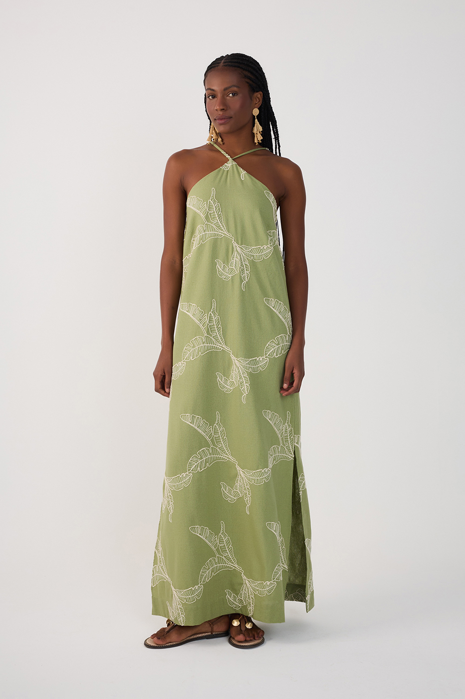 Green Halter Neck Embroidered Maxi Dress_2