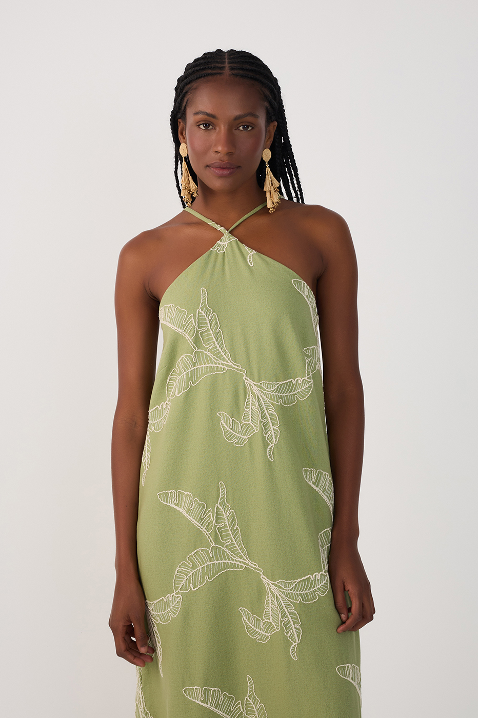 Green Halter Neck Embroidered Maxi Dress_4