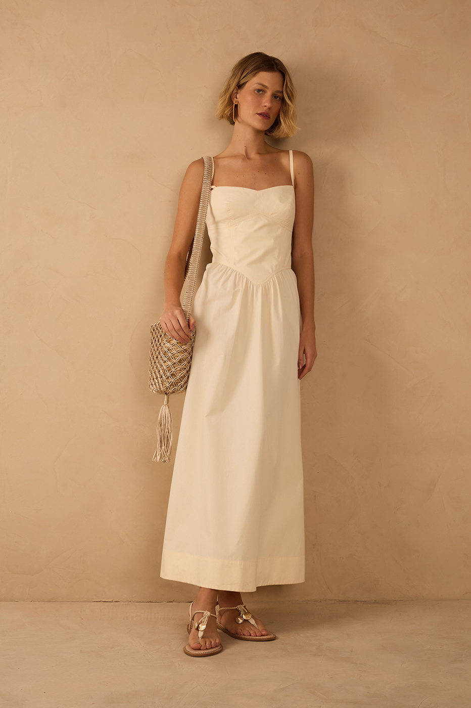 Beige Corset Bodice Straps Midi Dress_1
