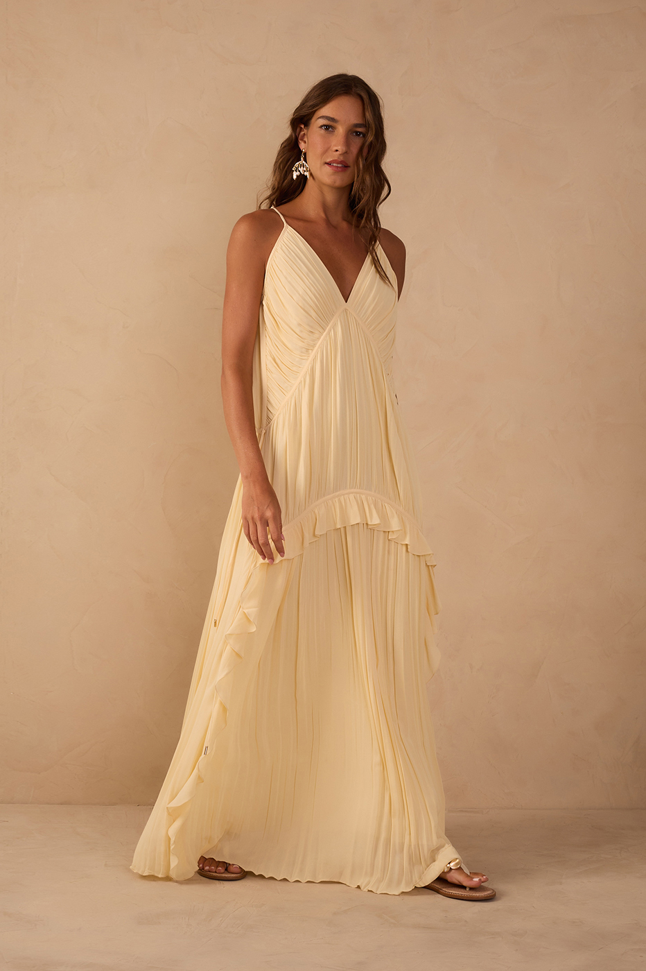 Beige V Neck Ruffled Draped Maxi Dress_1