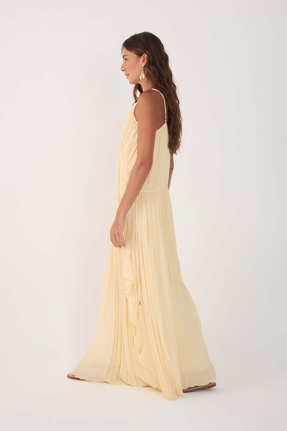 Beige V Neck Ruffled Draped Maxi Dress_5