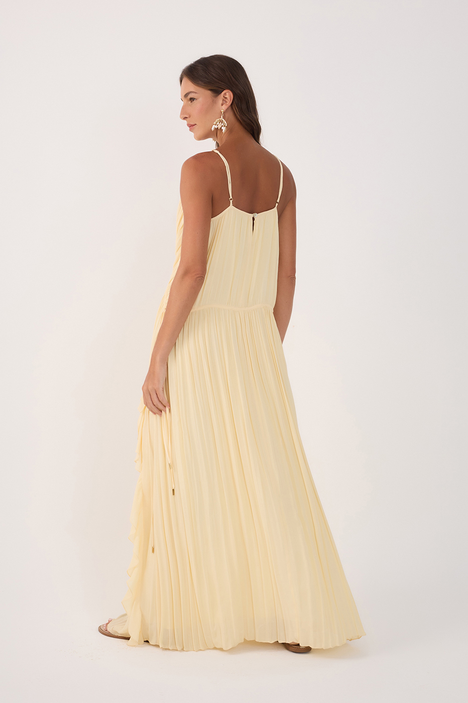 Beige V Neck Ruffled Draped Maxi Dress_6