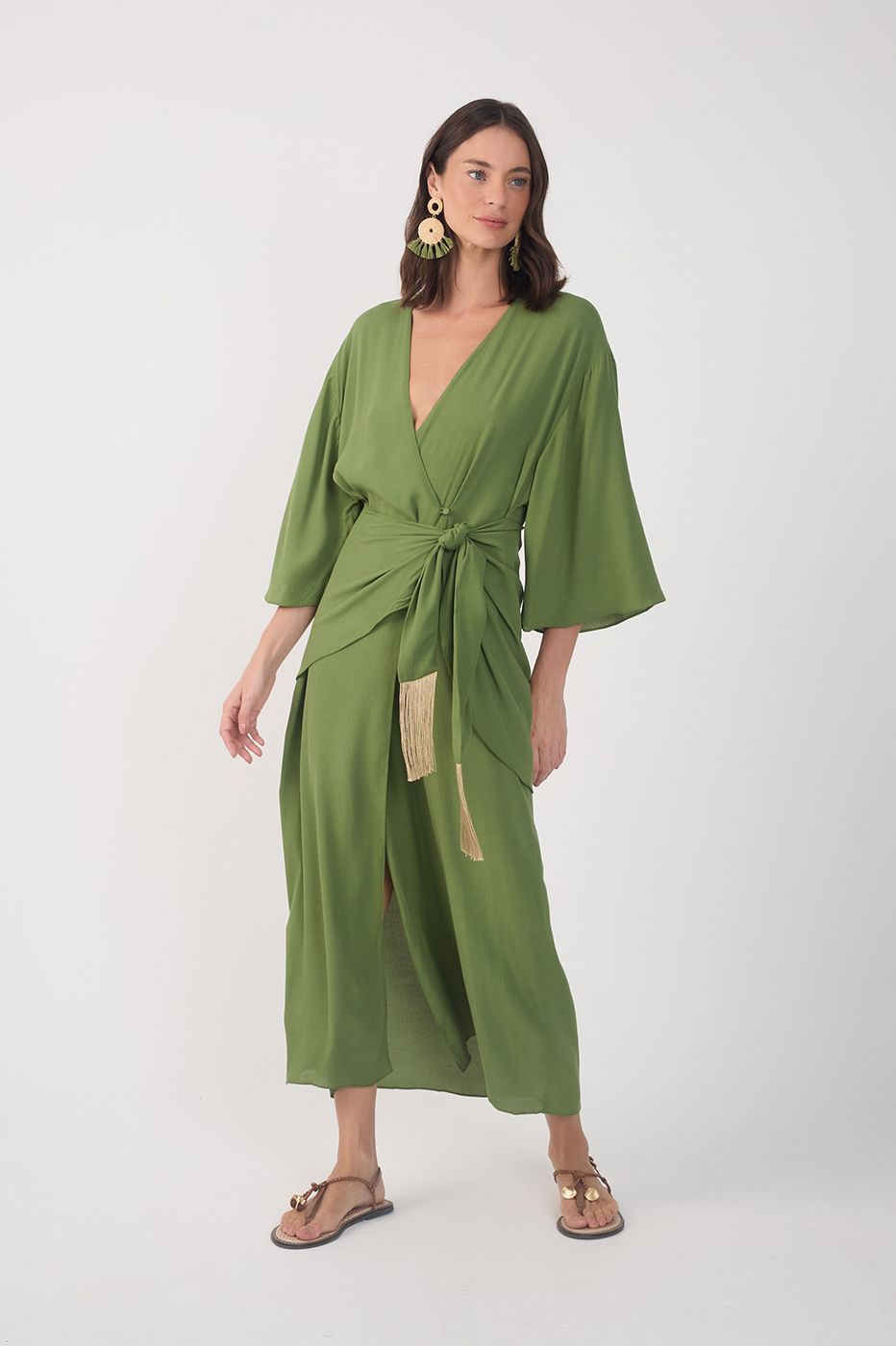 Green V Neck Wrap Long Sleeve Midi Dress_2